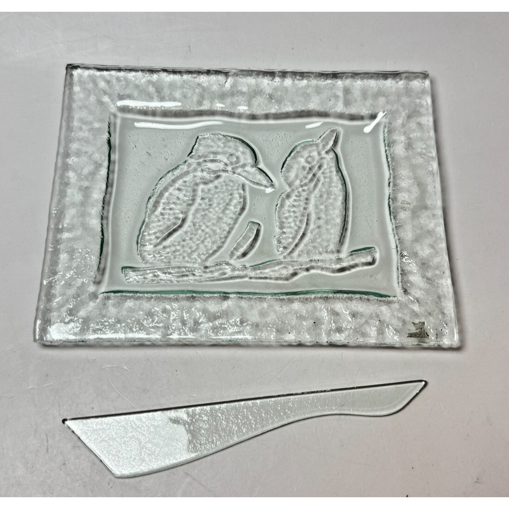 Signed Clear Fused Art Glass Woodpecker Bird Cheese Tray w/ Glass Knife Studio